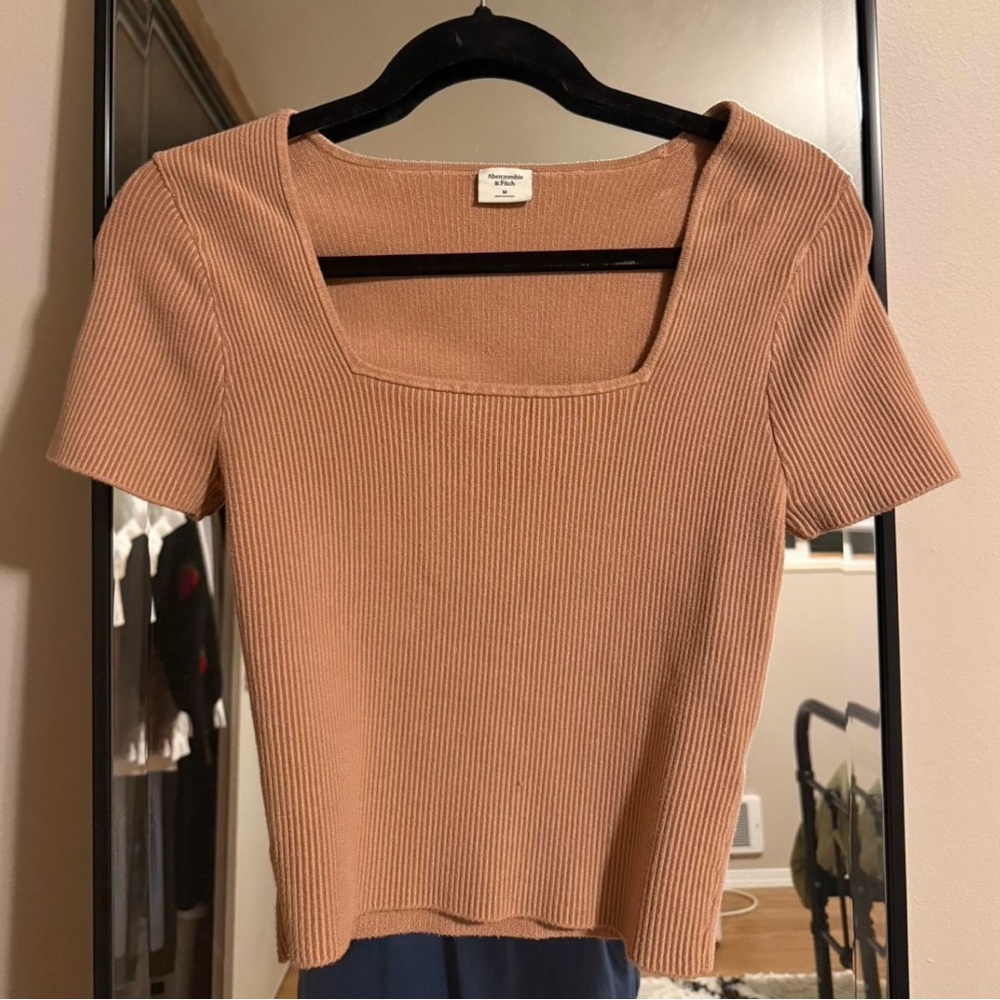 Abercrombie & Fitch Ribbed Square Neck Crop Top in Tan